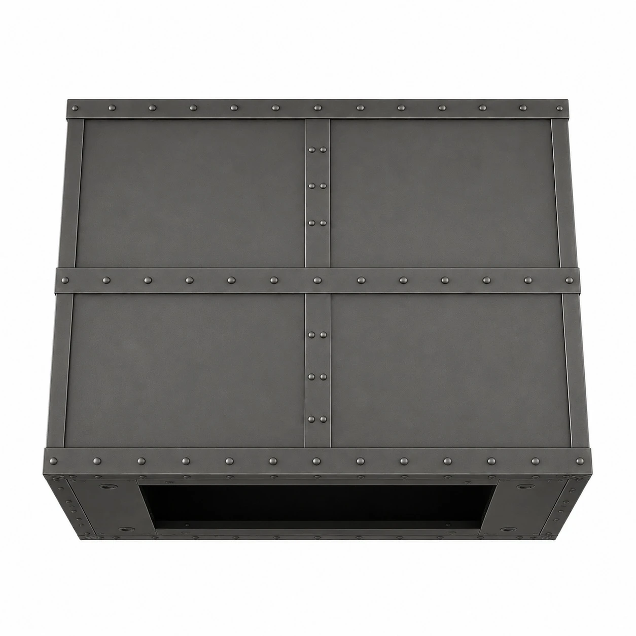 Industrial style rectangular black zinc range hood, underside view showing open cavity for ventilation insert