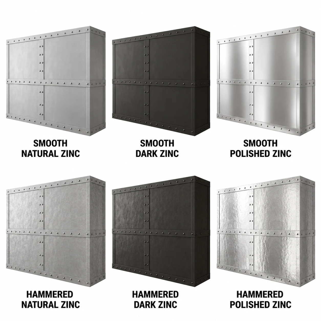Six industrial rectangular zinc range hoods in hammered or smooth natural, dark, and hand-polished finishes