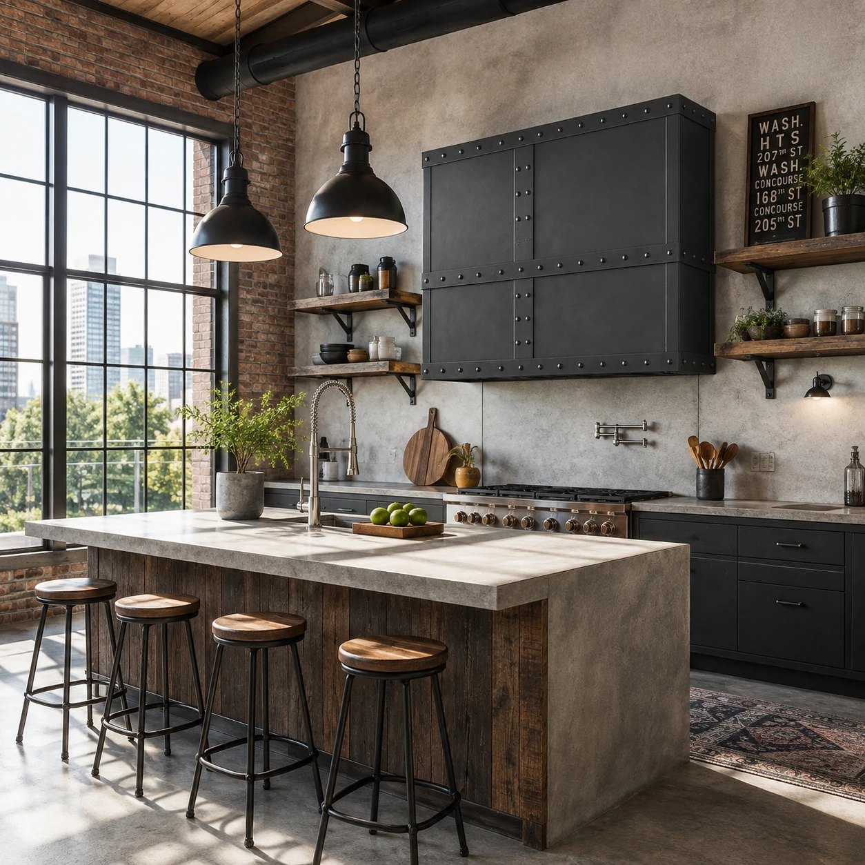 Industrial loft kitchen with rectangular black zinc range hood and riveted grid