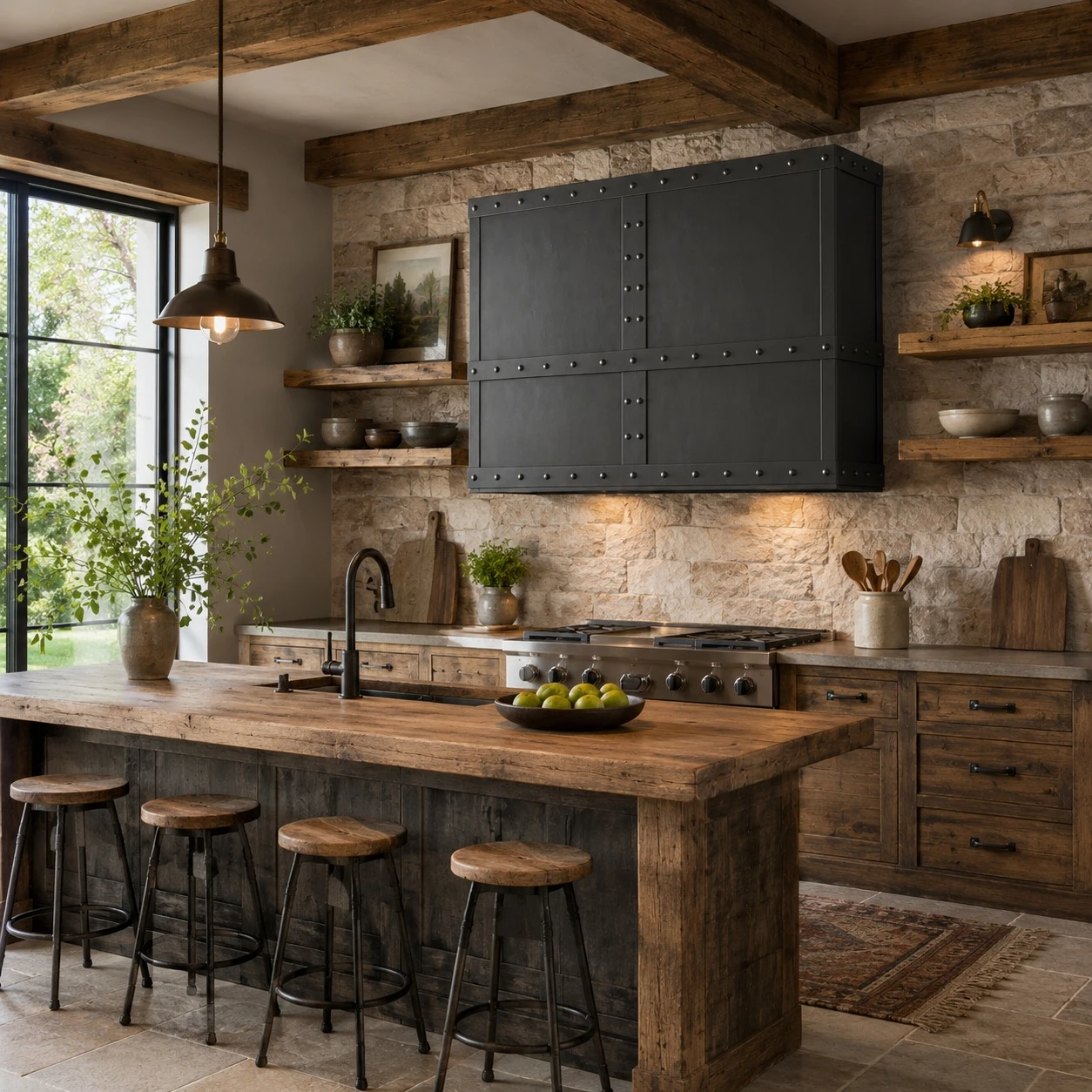 Industrial style rectangular black zinc range hood in modern rustic kitchen with natural stone and aged wood
