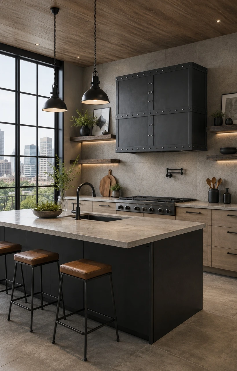 Industrial style rectangular black zinc range hood in urban kitchen with minimal cabinetry and large-format stone surfaces