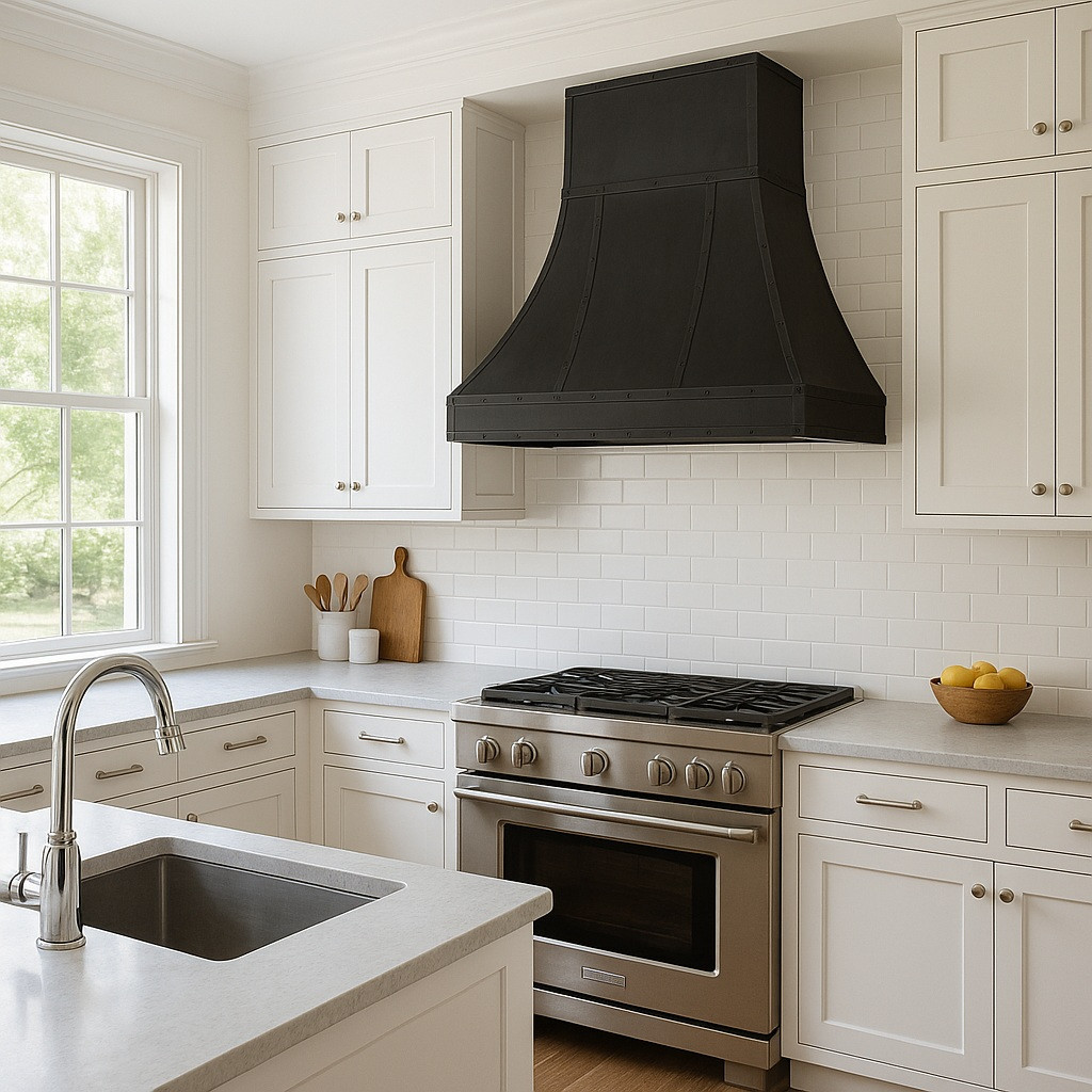 Black zinc kitchen range hood with trapezoidal canopy 36" in a bright transitional kitchen with white cabinets and large window light