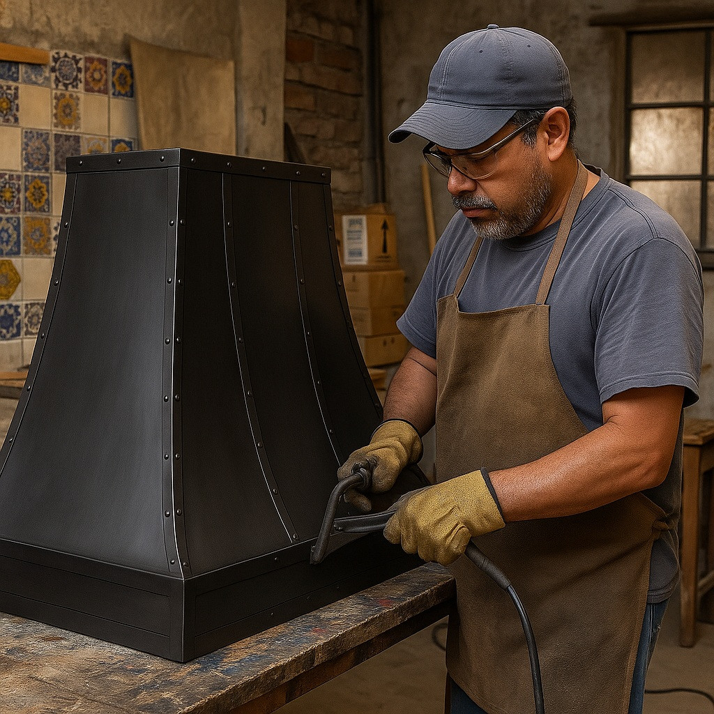 Black zinc kitchen range hood with trapezoidal canopy 30 inch hood being handcrafted by a metalworker in a traditional Mexican artisan workshop