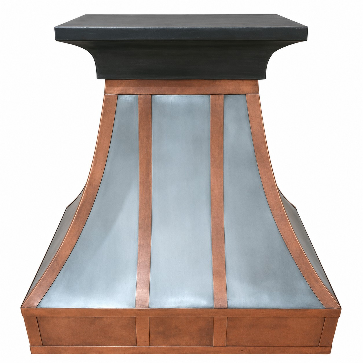 Discounted zinc range hood with copper apron front view, polished zinc canopy with contrasting copper trim and clean handcrafted silhouette