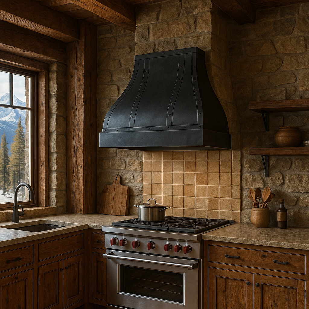 Cottage kitchen with dark hammered zinc range hood, riveted straps, and rustic graphite finish