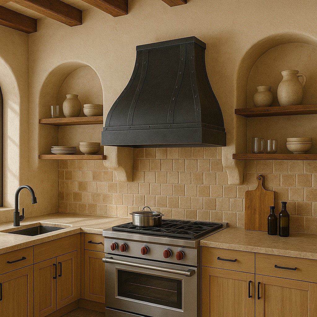 Mediterranean farmhouse kitchen with dark hammered zinc range hood and riveted metal straps