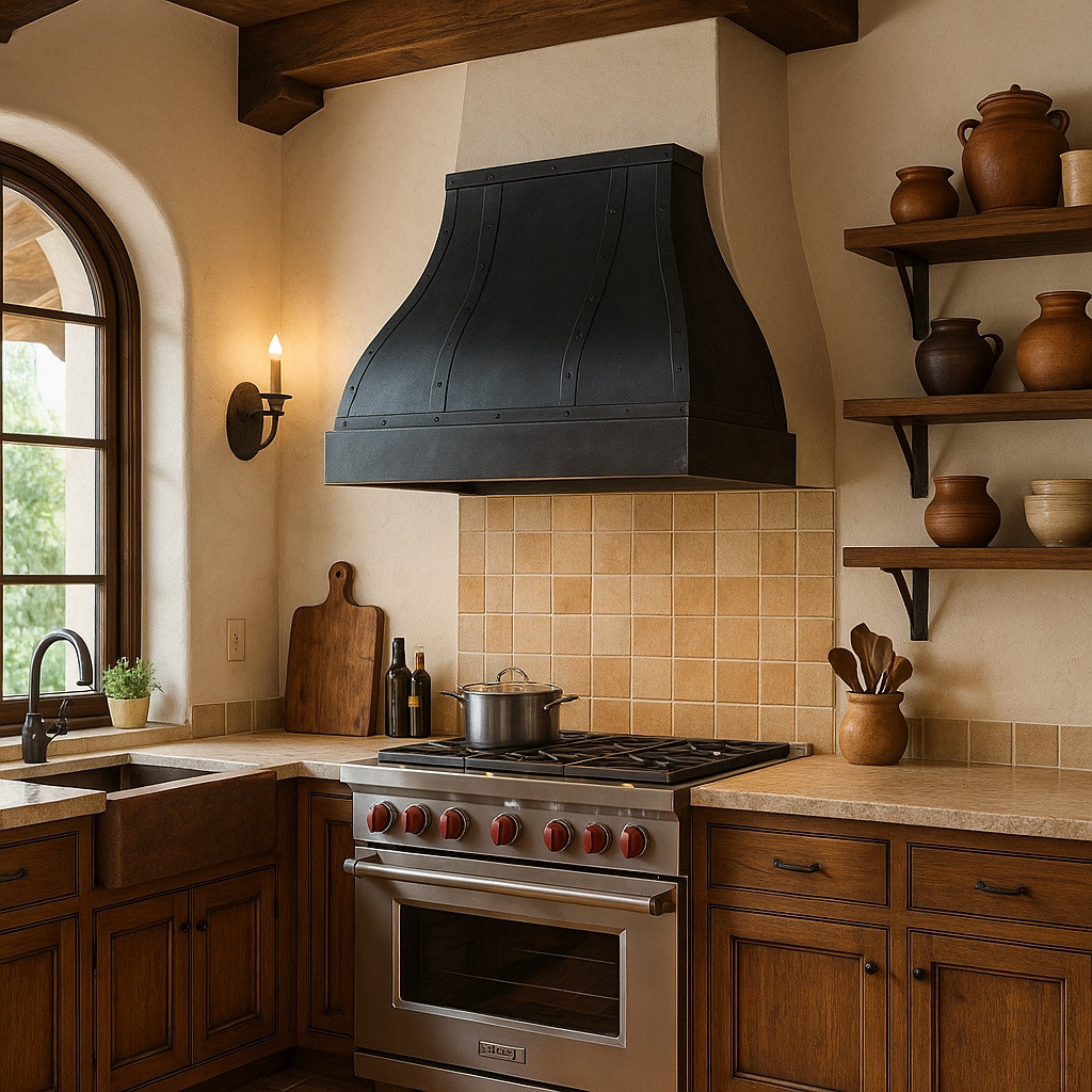 Spanish kitchen with dark hammered zinc range hood, deep apron, and vertical riveted straps