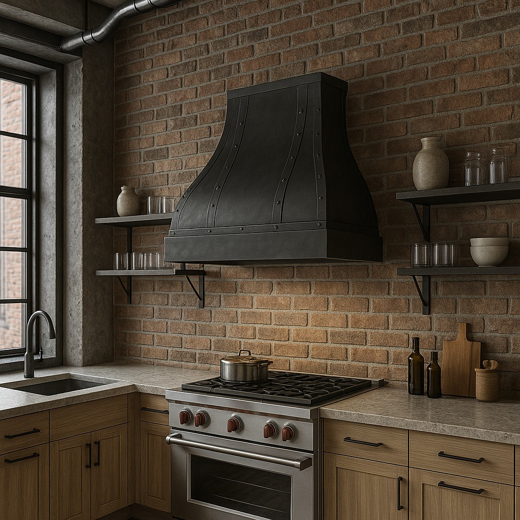 Transitional industrial kitchen with dark hammered zinc range hood and graphite metal finish