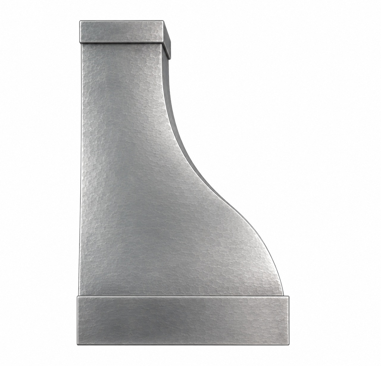 Side profile of a hammered zinc bell range hood with riveted edge and curved apron bottom on white