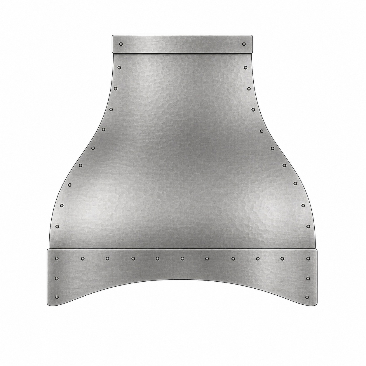 Hammered zinc bell range hood with curved apron, compact chimney, soft gray finish, and handcrafted metal texture