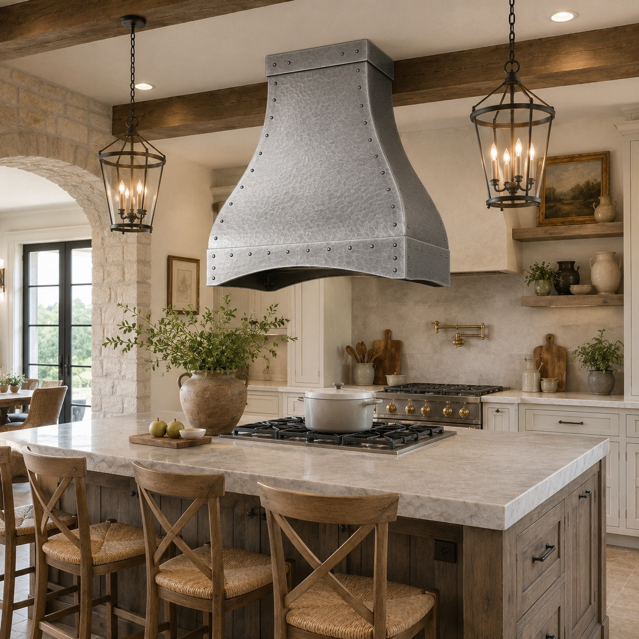 Rustic transitional kitchen with hammered zinc bell range hood, curved apron, wood cabinetry, and refined gray metal