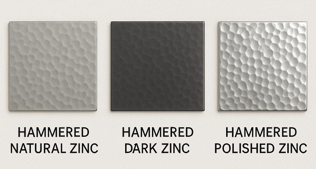 Finish swatches showing custom zinc tones and surface options for a softly hand-hammered bell range hood