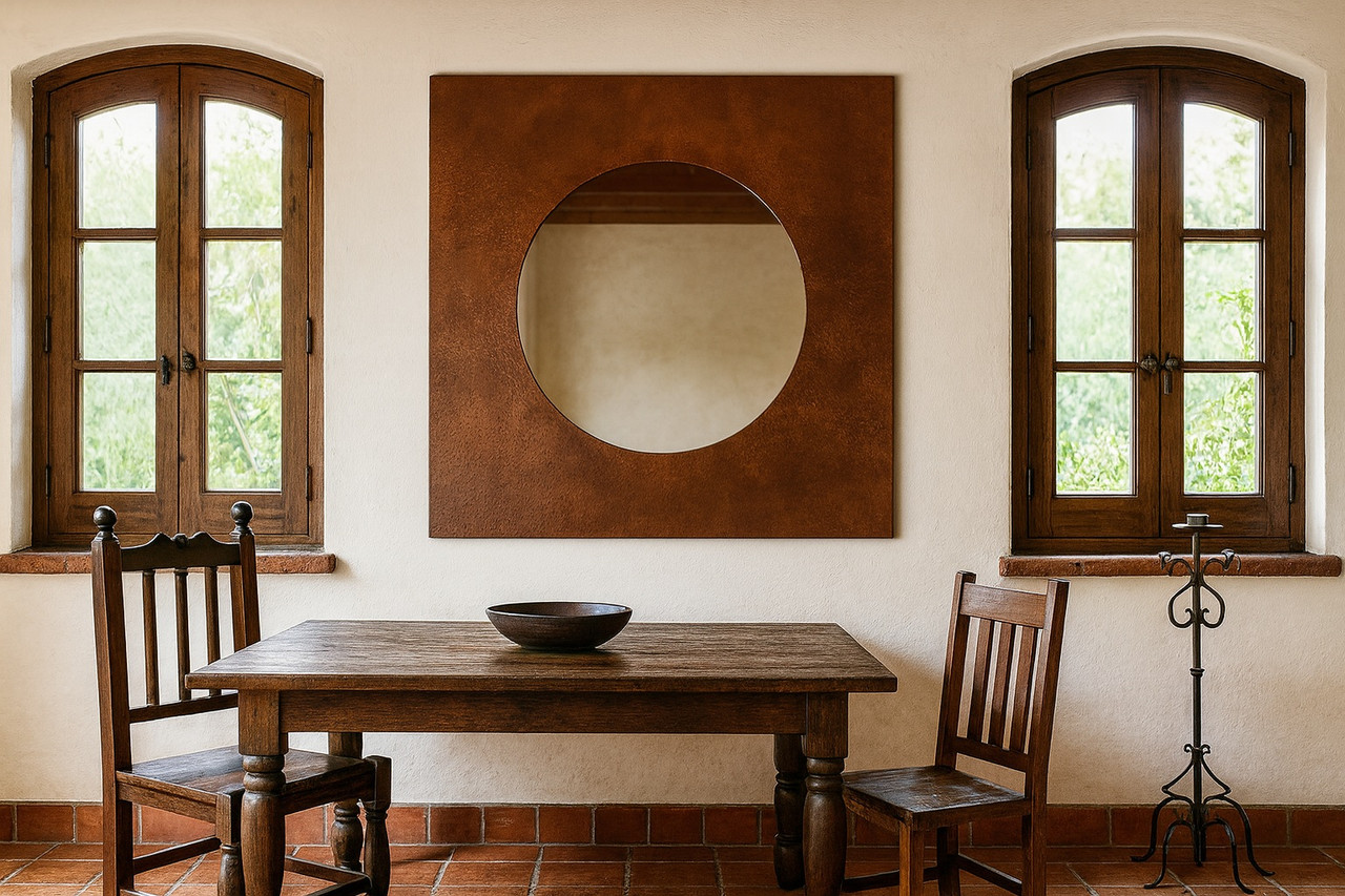 Square hand-hammered copper mirror with round inset frame in a Mexican Hacienda dining room with terracotta floor and wrought iron accents