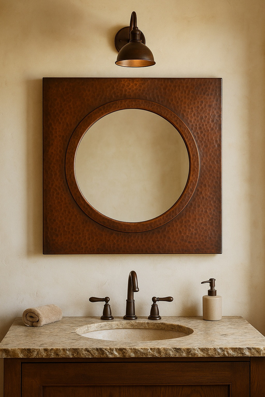 Square hand-hammered copper mirror with round inset frame in a rustic powder room with stone counter and bronze fixtures