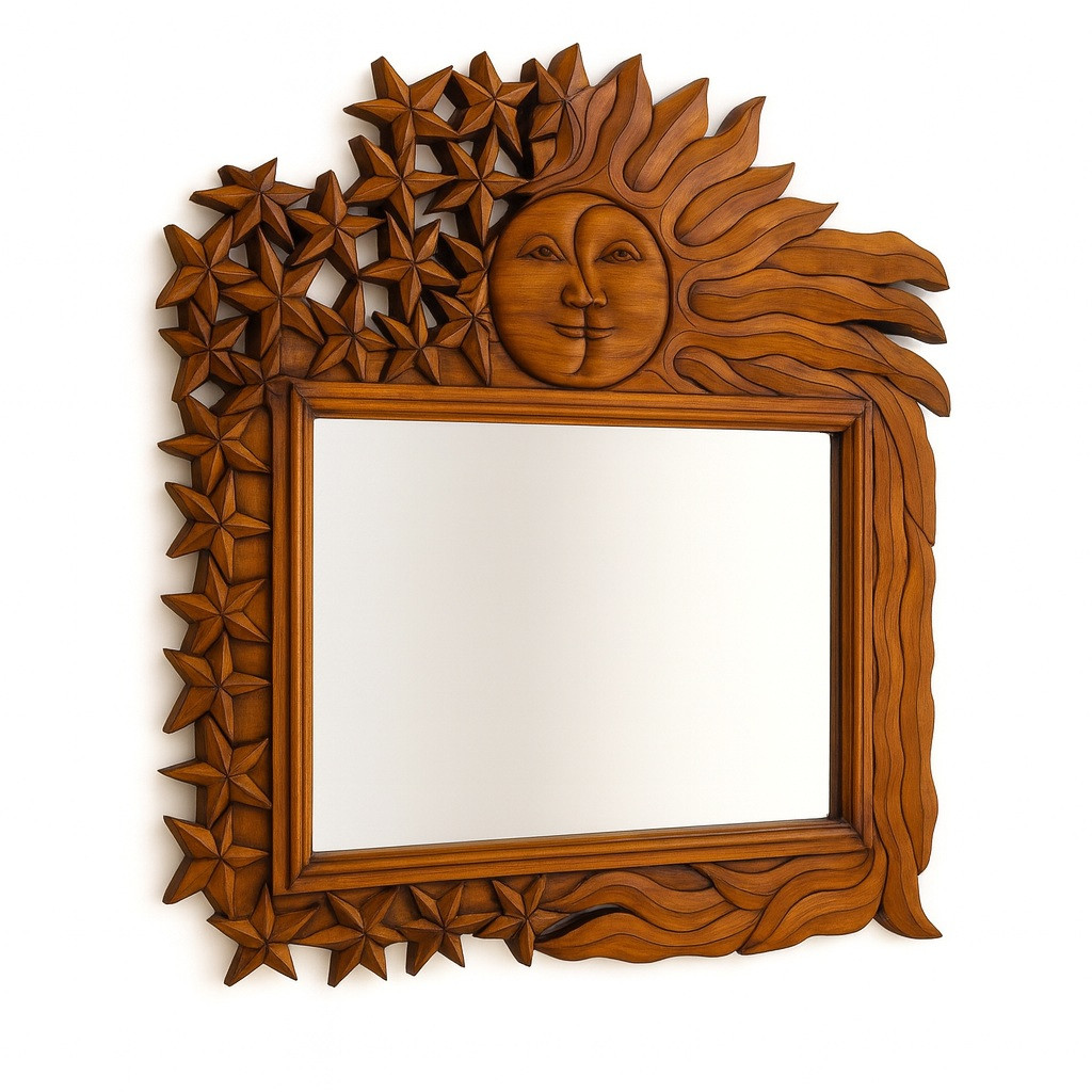 Large Hand-Carved Pine Mirror with Sun and Stars