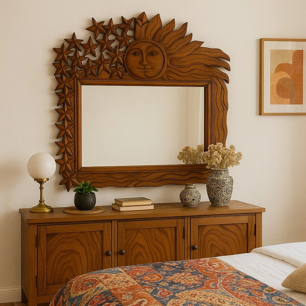 Large Hand-Carved Pine Mirror with Sun and Stars