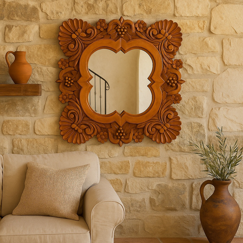 鏡家具 職人さん木製の大きな壁掛け式 carved wooden mirror Rustic Hand-Carved Wooden Mirror | Spanish Colonial