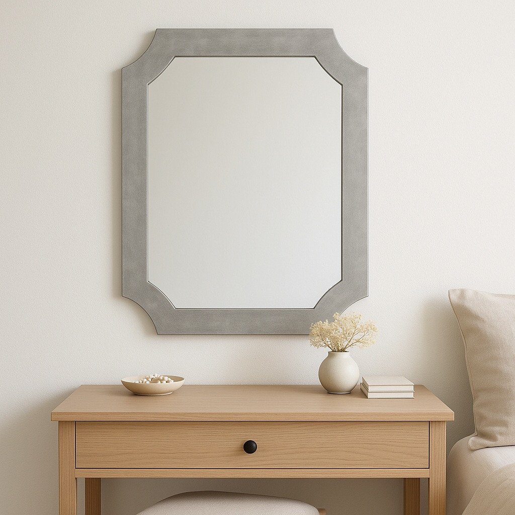Rectangular cartouche zinc mirror in a bedroom above a modern vanity