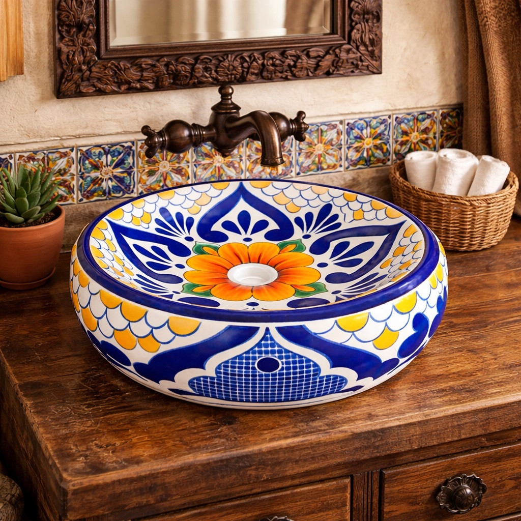 Talavera bathroom vessel sink orange floral blue design in hacienda interior with warm textures