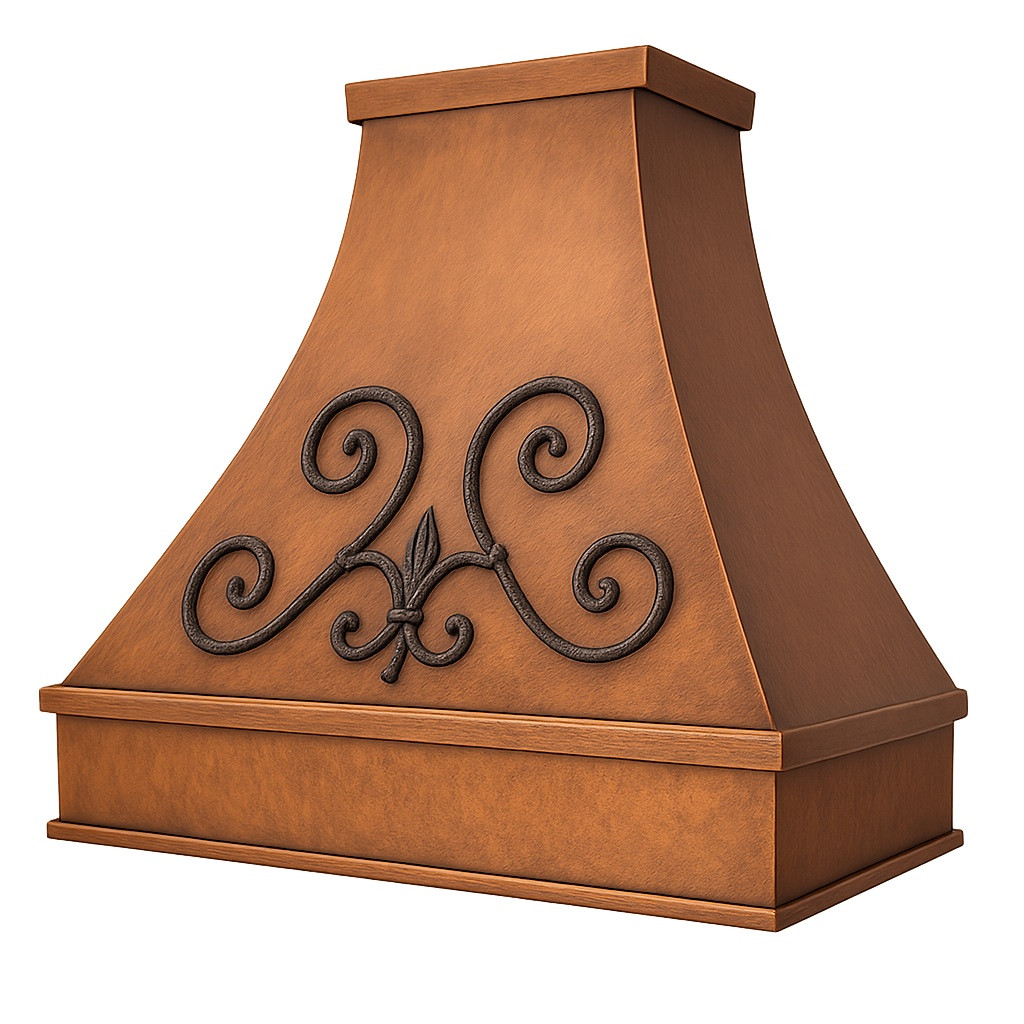 Spanish style copper range hood with forged iron scrollwork side view on white background, hammered copper canopy with flared profile, decorative iron apron and handcrafted patina finish