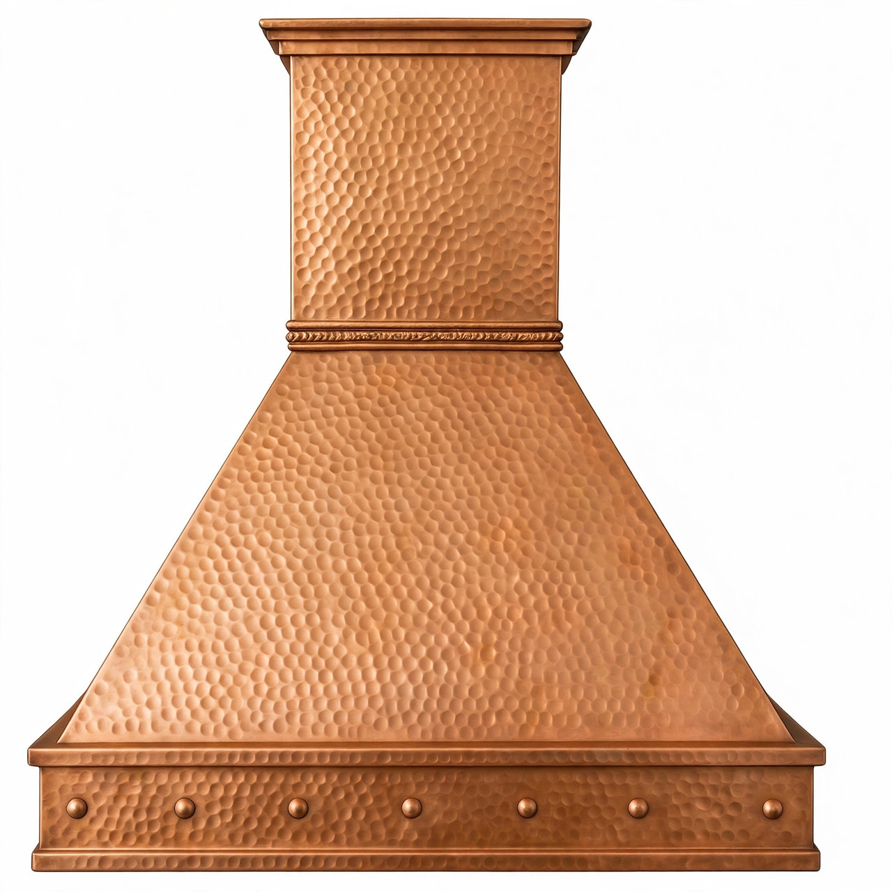 Tapered copper range hood with rope band, sloping canopy, straight apron, and handcrafted patina