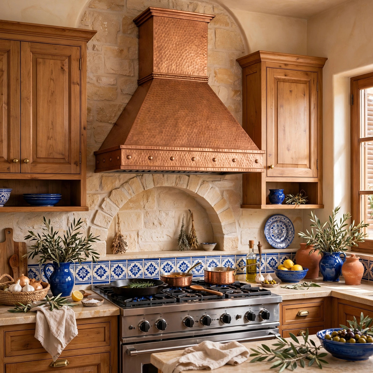 Mediterranean kitchen with tapered copper range hood, rope band, and hammered copper finish