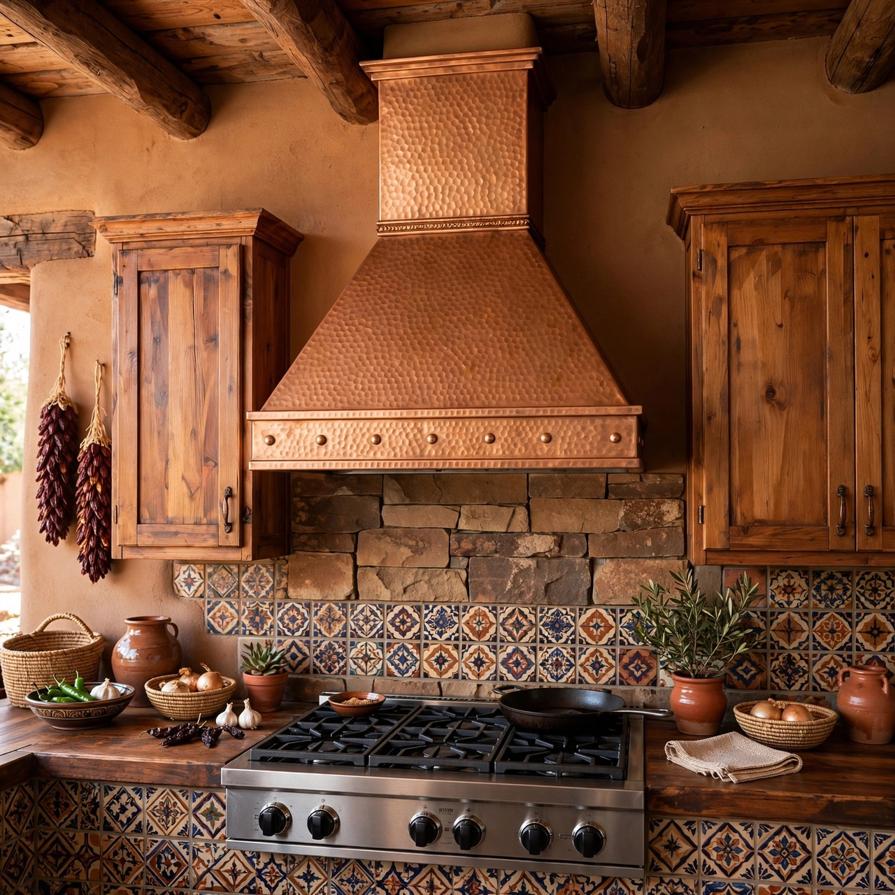 Southwestern kitchen with tapered copper range hood, rope band, and hammered copper patina