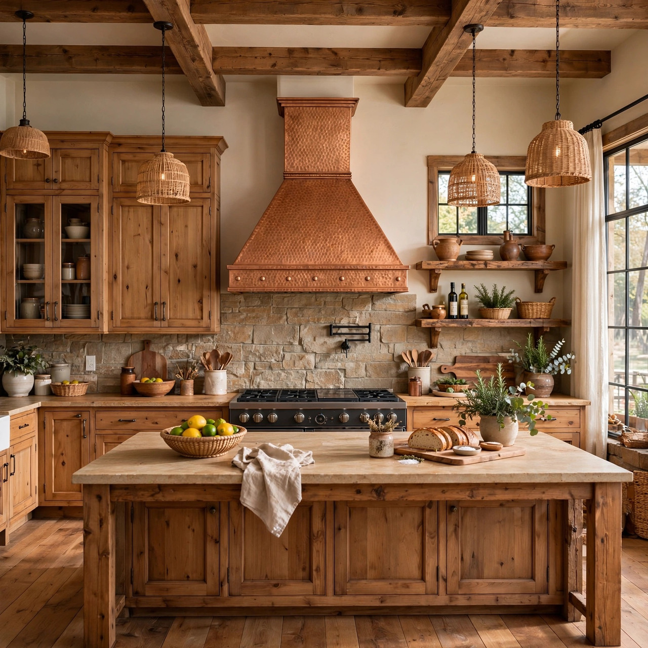 Transitional kitchen with tapered copper range hood, rope band, and warm hammered finish