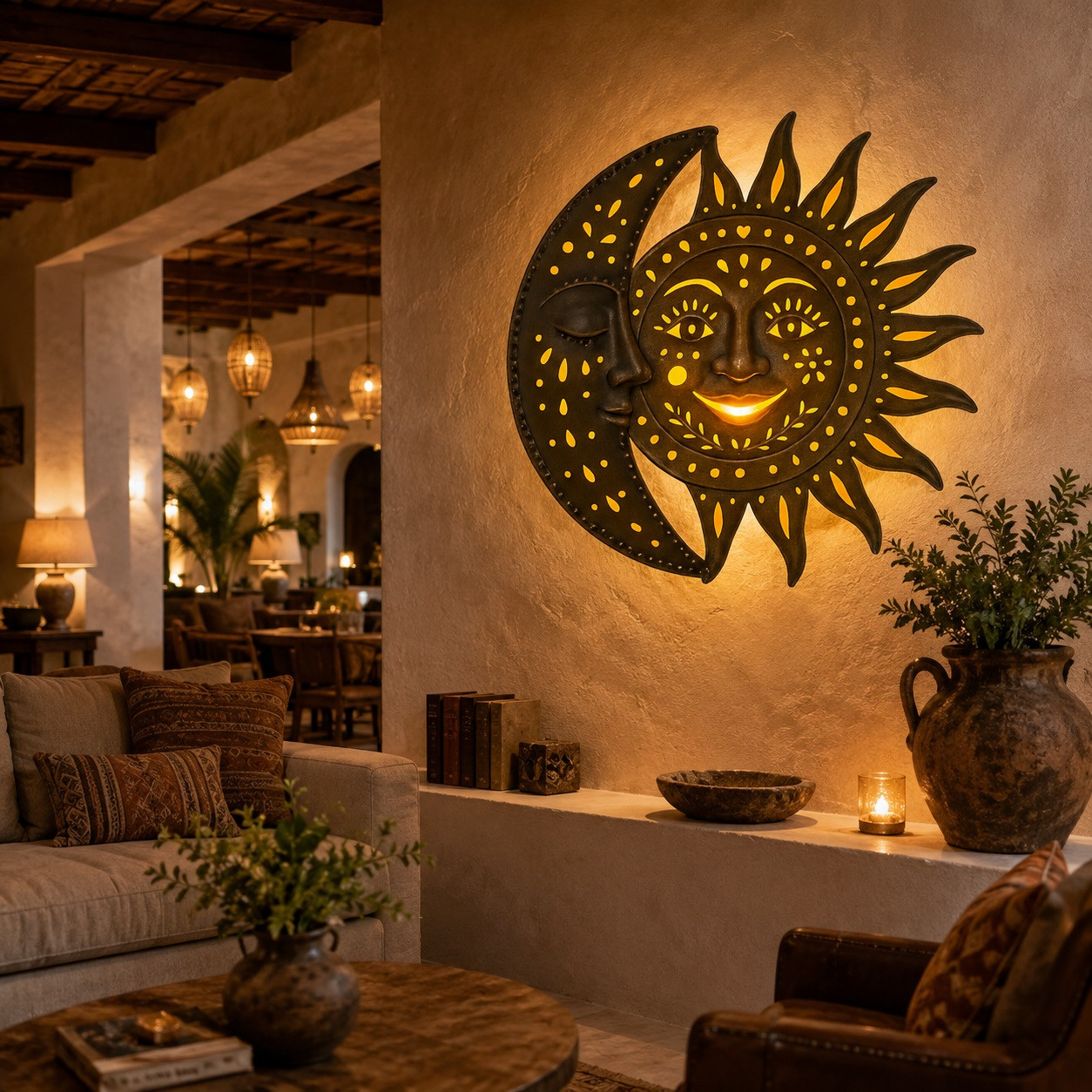 Eclipse tin sun and moon lamp shade – Mexican folk art in a cozy boutique hotel lounge