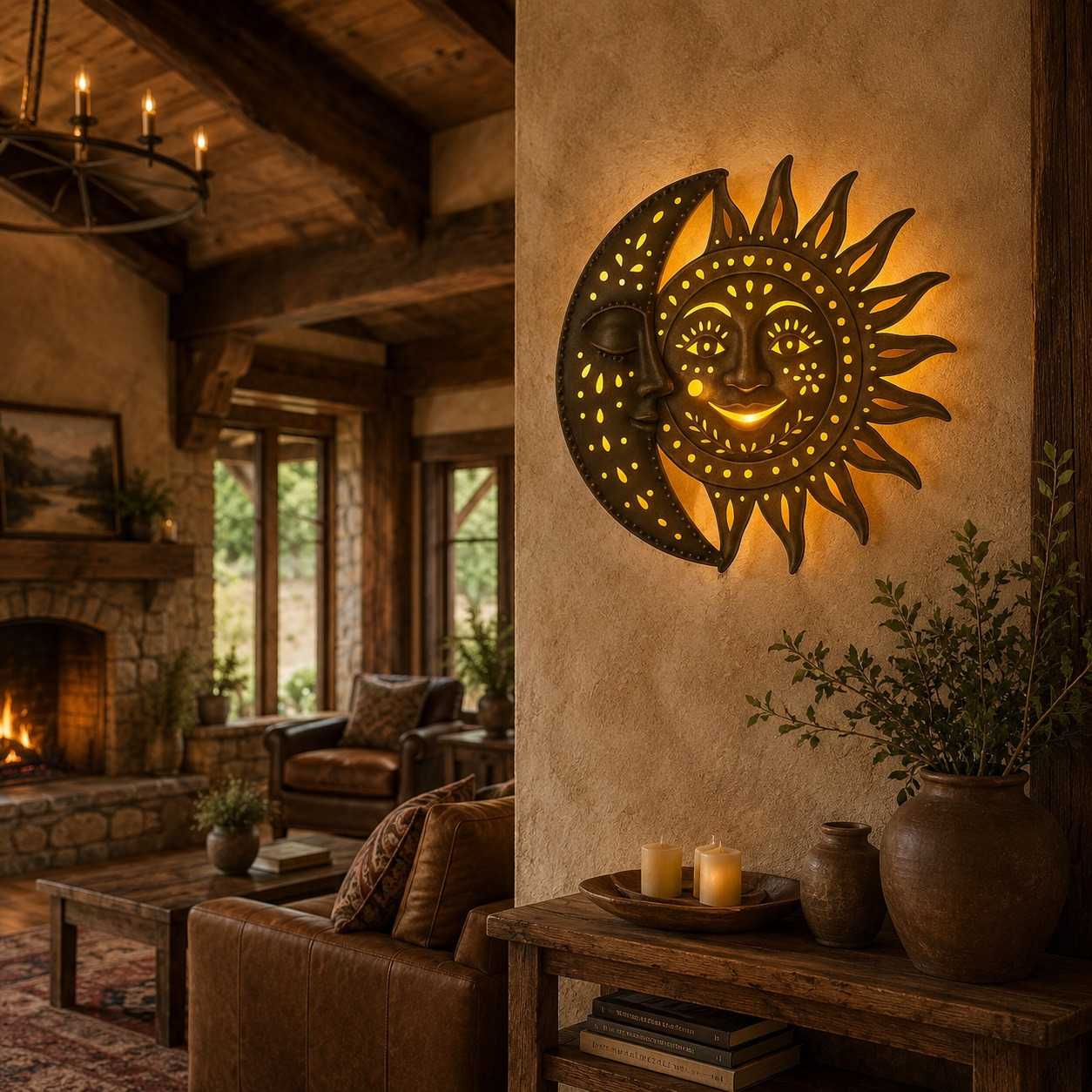 Eclipse tin sun and moon lamp shade – Mexican folk art featured in a spacious rustic great room