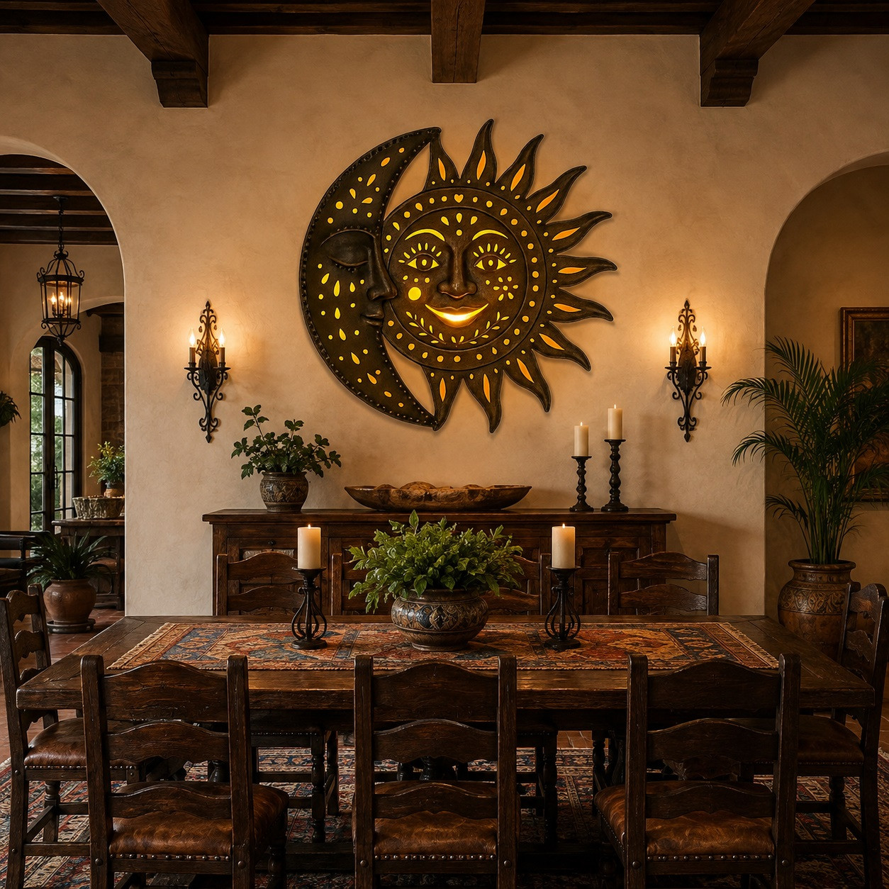 Eclipse tin sun and moon lamp shade – Mexican folk art above a Spanish Revival dining table