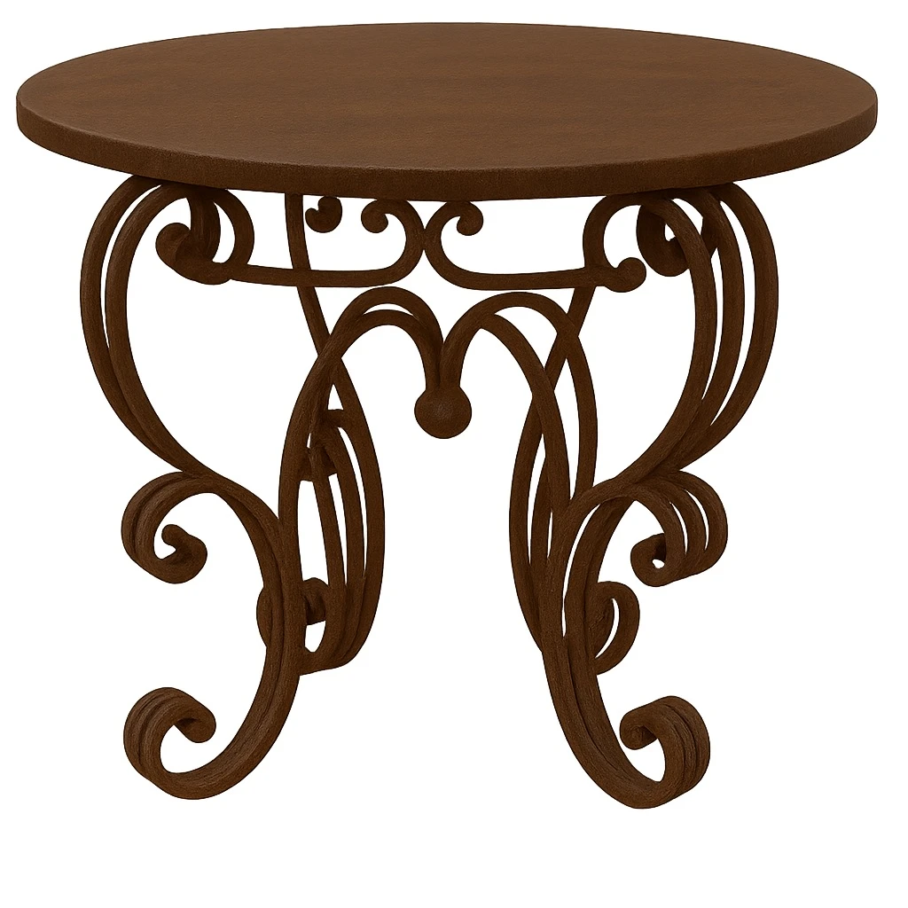 Wrought iron dining table with a round copper top