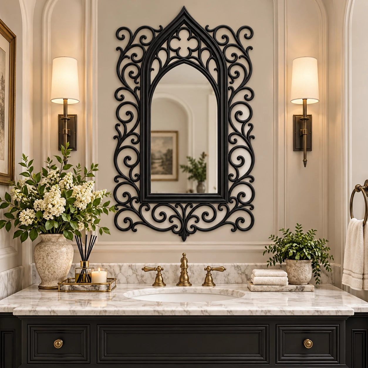 Gothic Revival wrought iron mirror with handmade displayed in an elegant powder room