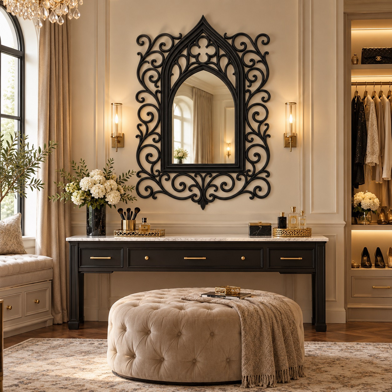 Gothic Revival wrought iron mirror with handmade displayed in a luxury dressing room
