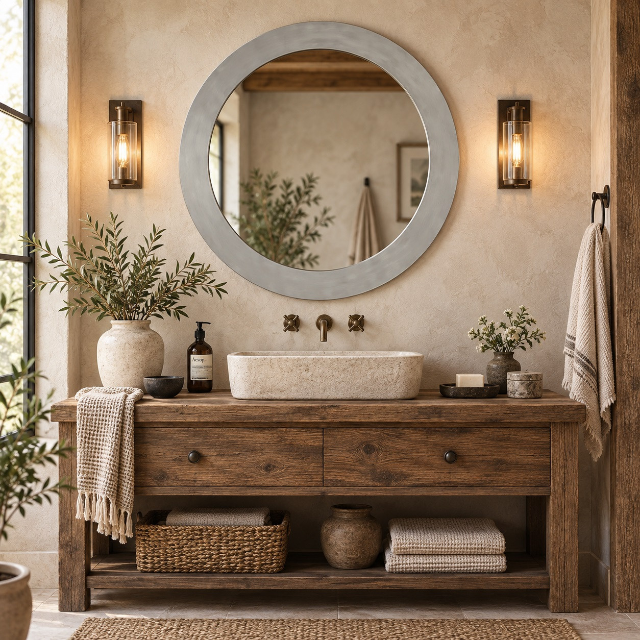 Round zinc mirror with brushed metal frame over a rustic vanity with stone accents and warm lighting