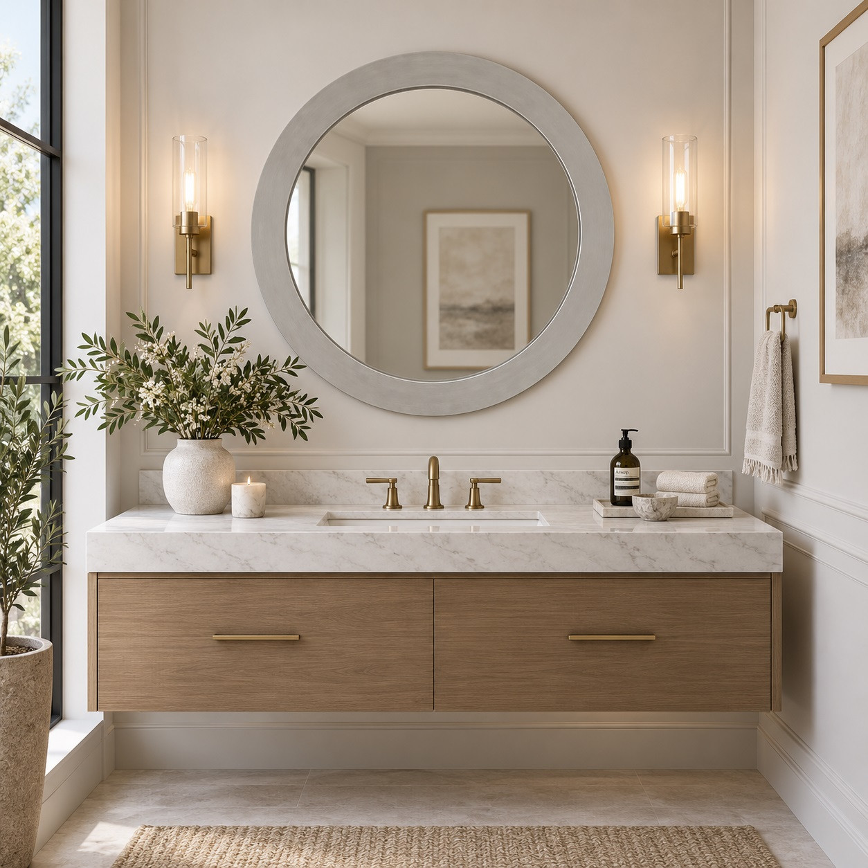 Round zinc mirror with brushed metal frame above a modern powder room vanity with neutral finishes