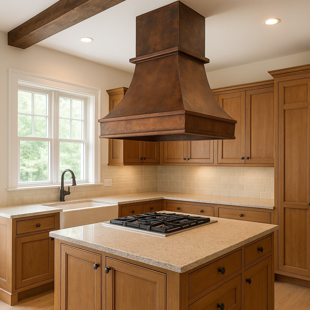 Rustic copper range hood in a kitchen