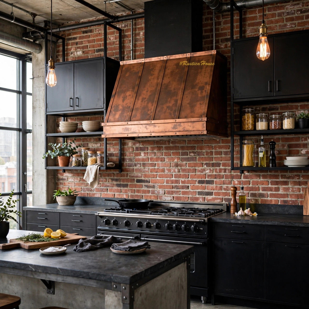 Industrial loft kitchen with under-cabinet copper hood, double beam apron, and vertical rib straps
