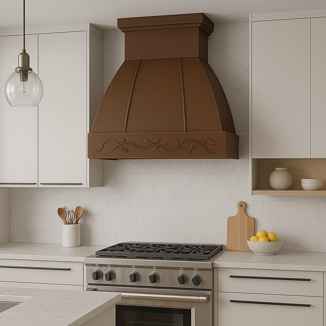 Copper range hood with a floral motif in a modern kitchen with relief detailing and clean cabinetry with contemporary finish