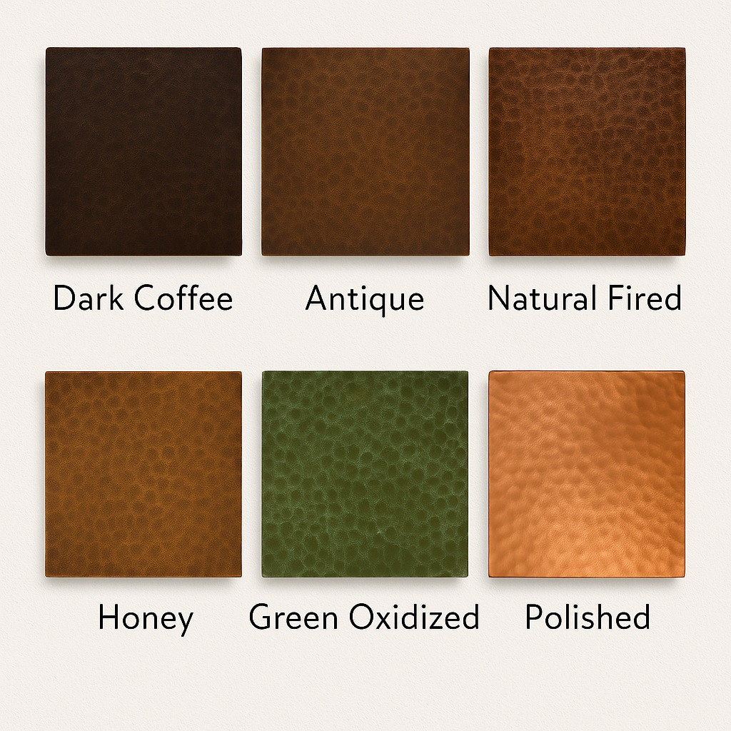 Swatches showing patina color and texture options available for a copper range hood with a floral motif and handcrafted metal detailing