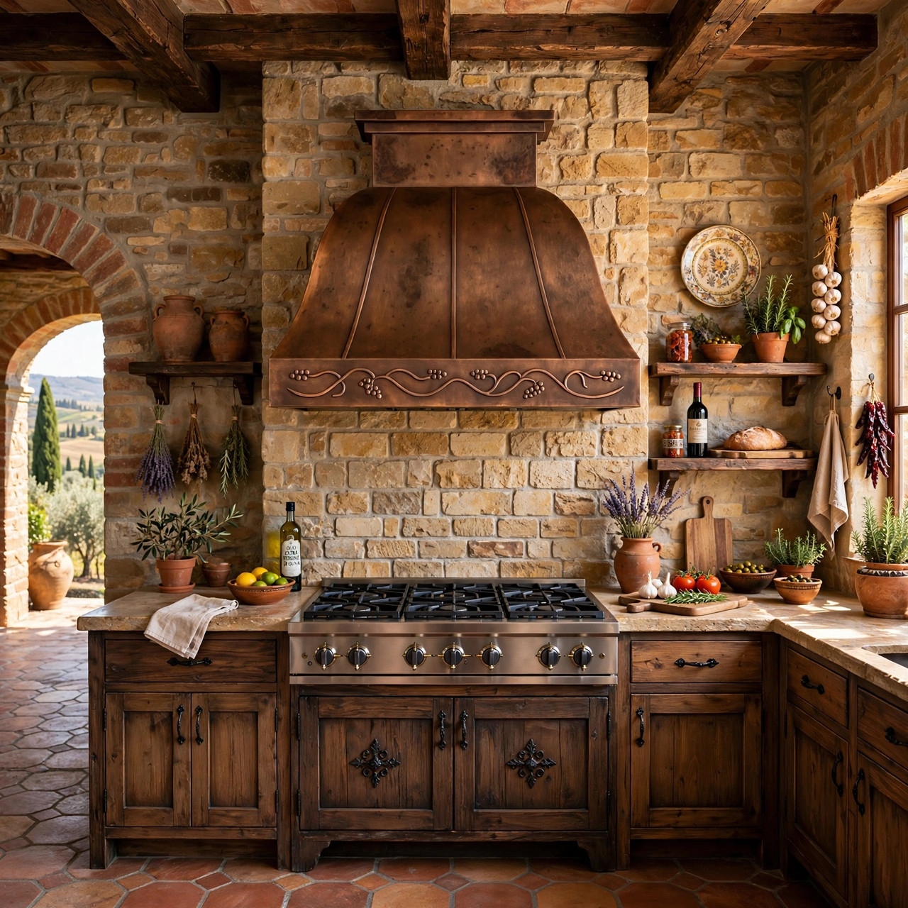Tuscan villa kitchen with bell copper range hood, floral apron, and hammered copper finish