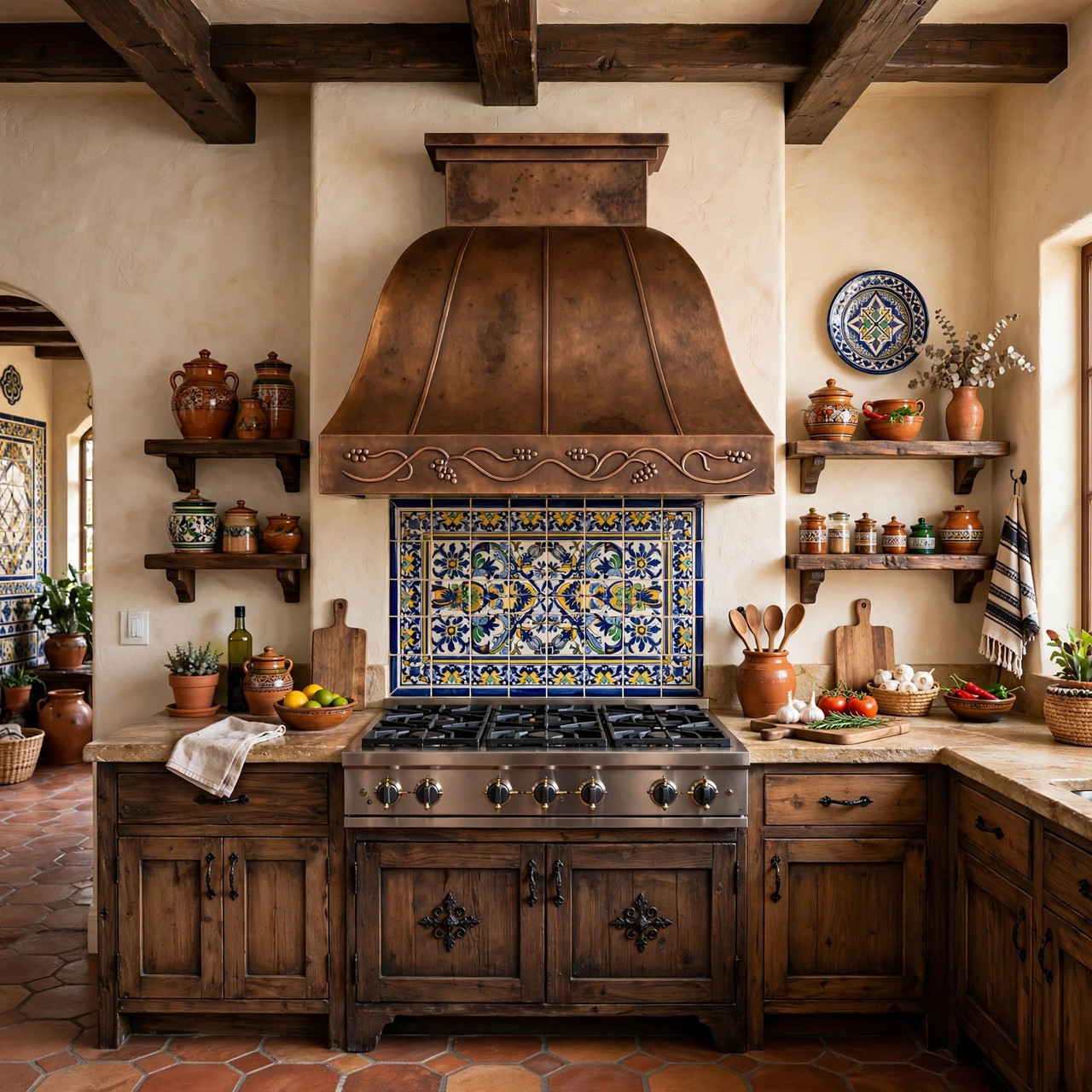 Spanish Revival kitchen with bell copper range hood, floral apron, and warm patina