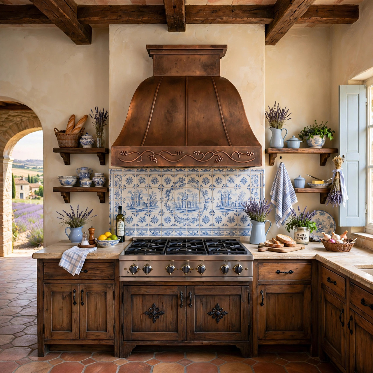 French country kitchen with bell copper range hood, floral apron, and warm copper patina