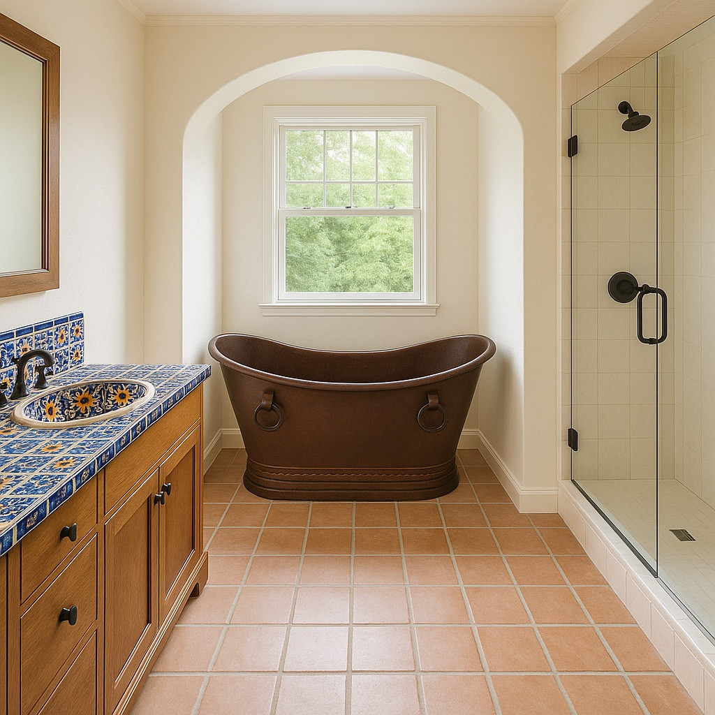 Hammered copper bathtub with decorative rings in a transitional indoor outdoor setting