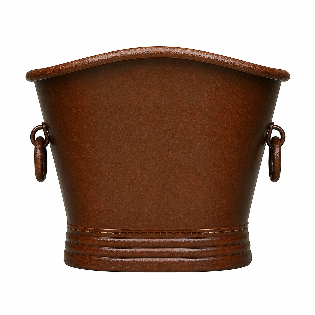 Mexican copper bathtub with rings from the end, showing the gently raised center rim and tapered profile