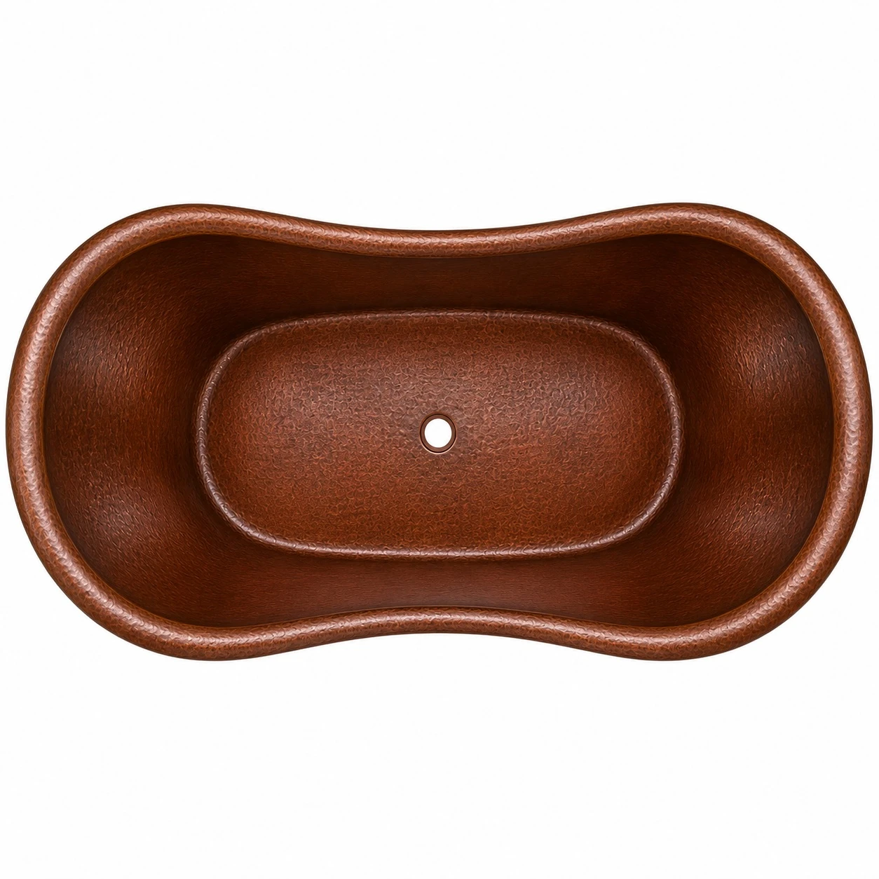 Drain detail of Mexican copper bathtub with handcrafted hammered copper basin