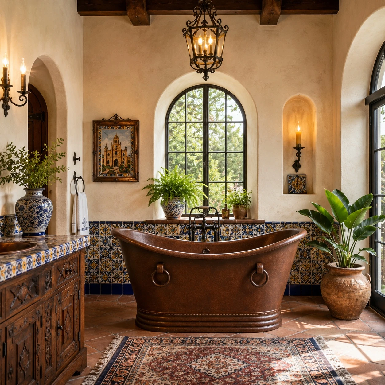 Spanish Colonial bathroom with Mexican copper bathtub, decorative rings, plaster, tile, and warm wood