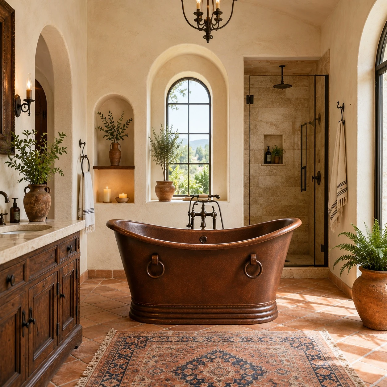 Mexican copper bathtub with rings in a bright Mediterranean bathroom with lime plaster and terracotta floors