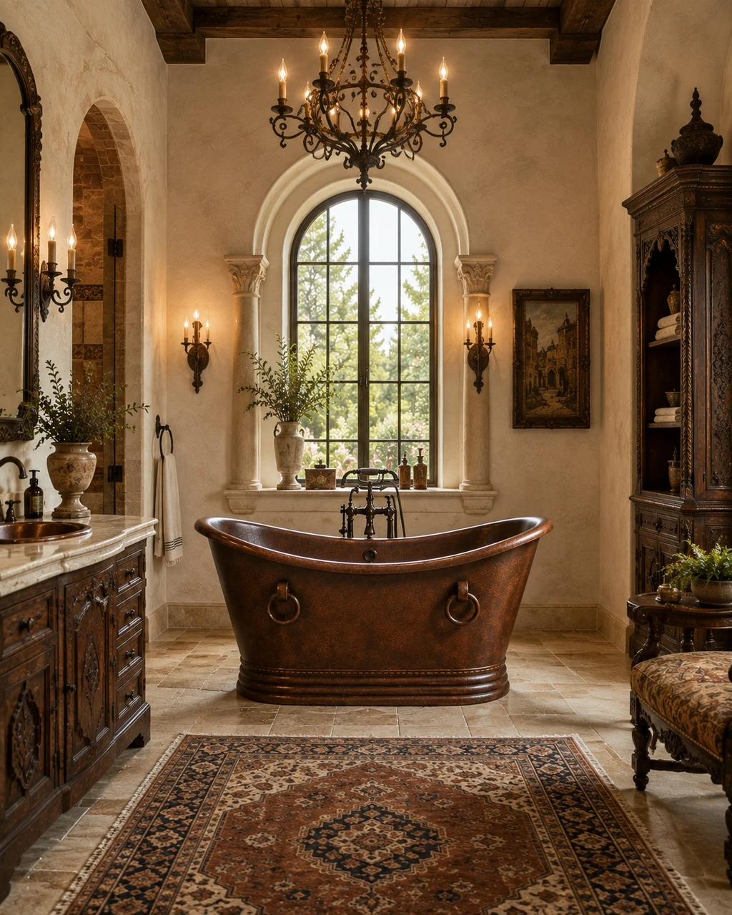 Mexican copper bathtub with rings in an Old World bathroom with carved cabinetry, stone floors, and antique lighting