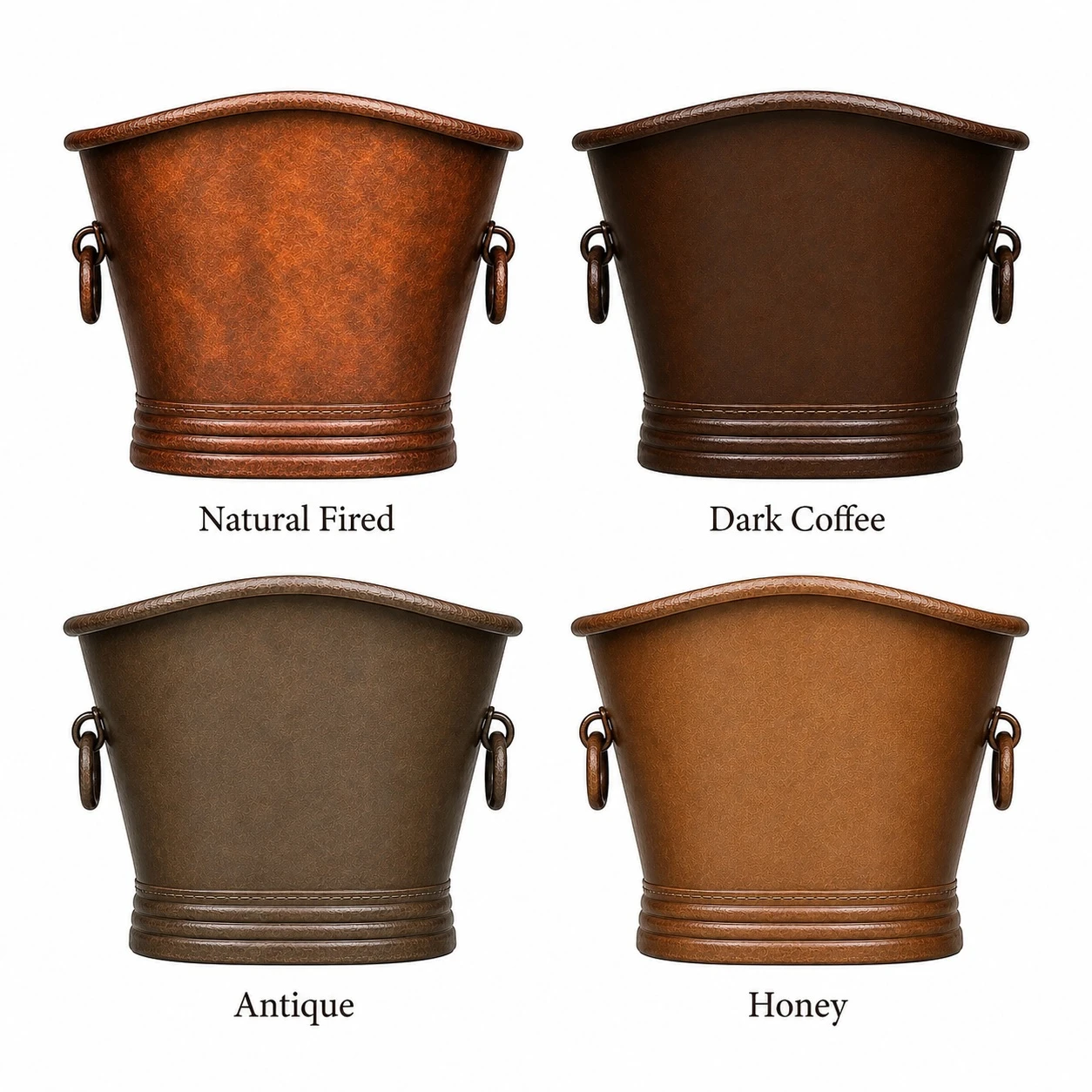 Mexican copper bathtub with decorative rings shown in four copper finish options